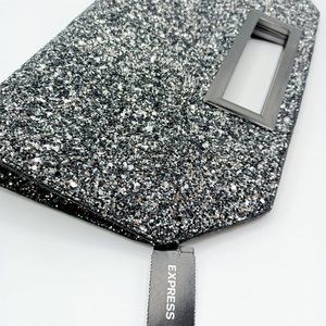 Express Black and Silver Glitter Clutch Handbag
